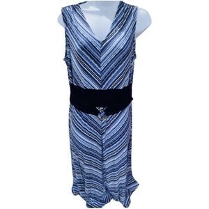 Nina Leonard Miter Blue Stripe Stretch Midi Summer V Neck Dress Bermuda M
